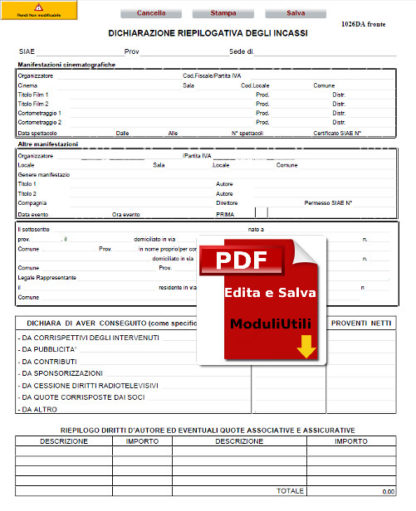 Modello SIAE 1026 Dichiarazione incassi editabile