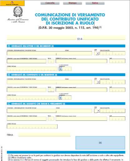COMUNICAZIONE DI VERSAMENTO DEL CONTRIBUTO UNIFICATO DI ISCRIZIONE A RUOLO