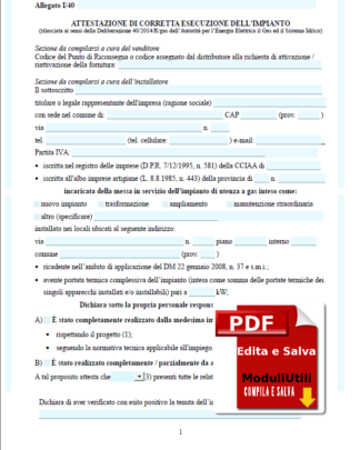 ATTESTATO CORRETTA ESECUZIONE IMPIANTO EDITABILE