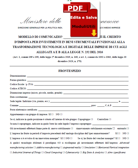 MODELLO DI COMUNICAZIONE DEI DATI CONCERNENTI IL CREDITO D’IMPOSTA EDITABILE
